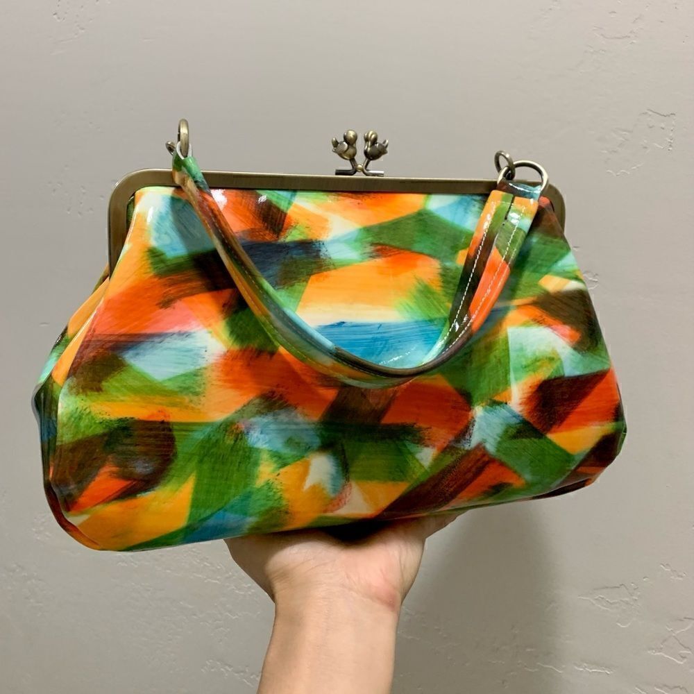 Handmade Genuine Leather Abstract Print “Birds” Kisslock Wristlet/Crossbody - Picture 10 of 17